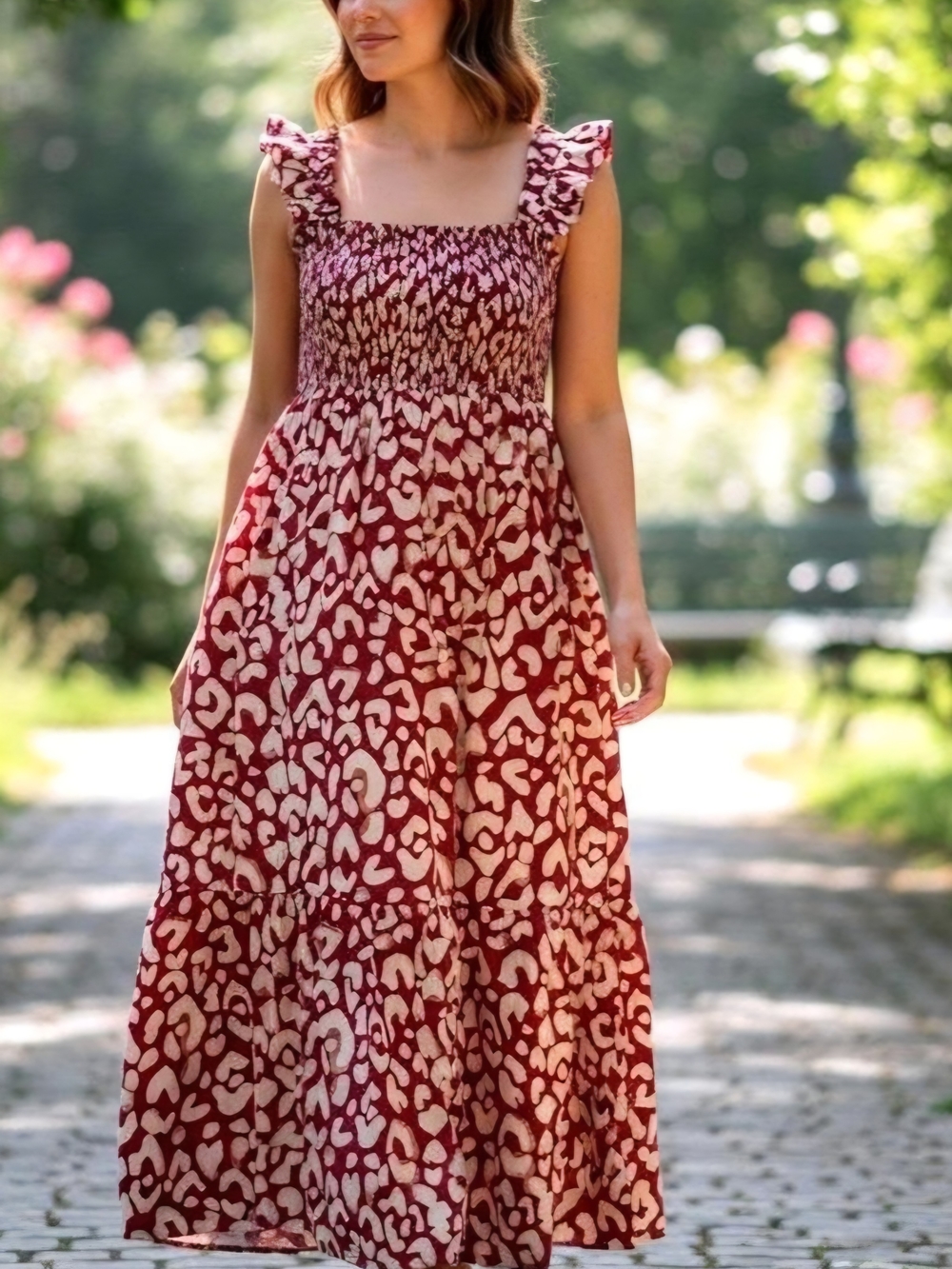 Women's Fall Colored Maroon Red Printed Smocked Maxi Dress With Mustard Accents